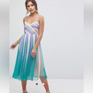 ASOS Striped Color Block Mesh Fit and Flare Midi Dress Pink Purple Teal